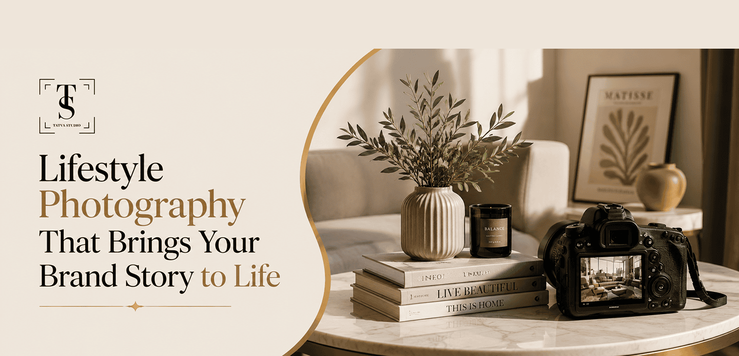 Lifestyle photography advertisement featuring a cozy living room scene with a camera, books, plant, and candle on a marble table.