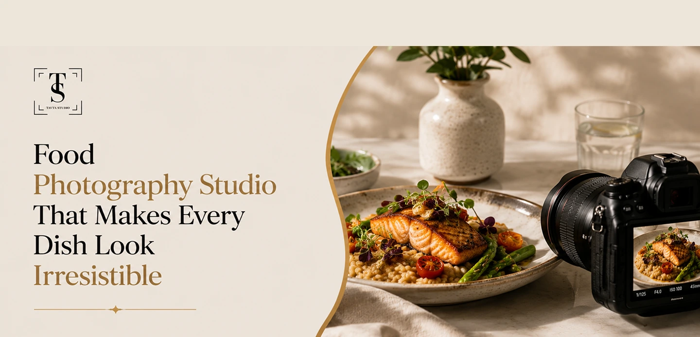 Food photography studio advertisement with a camera capturing a plated salmon dish garnished with vegetables and microgreens.
