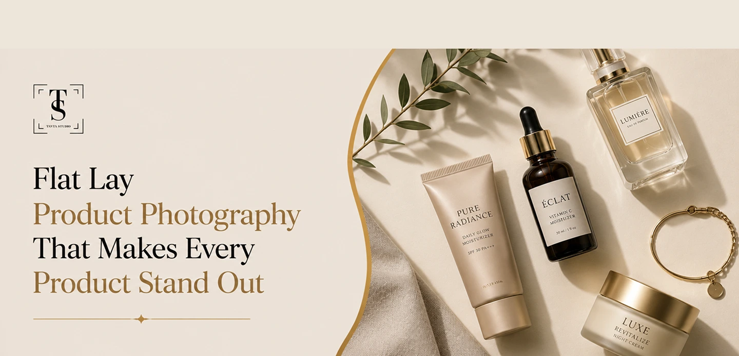 Flat lay of skincare and beauty products with a gold bracelet and green leaves next to text promoting product photography.