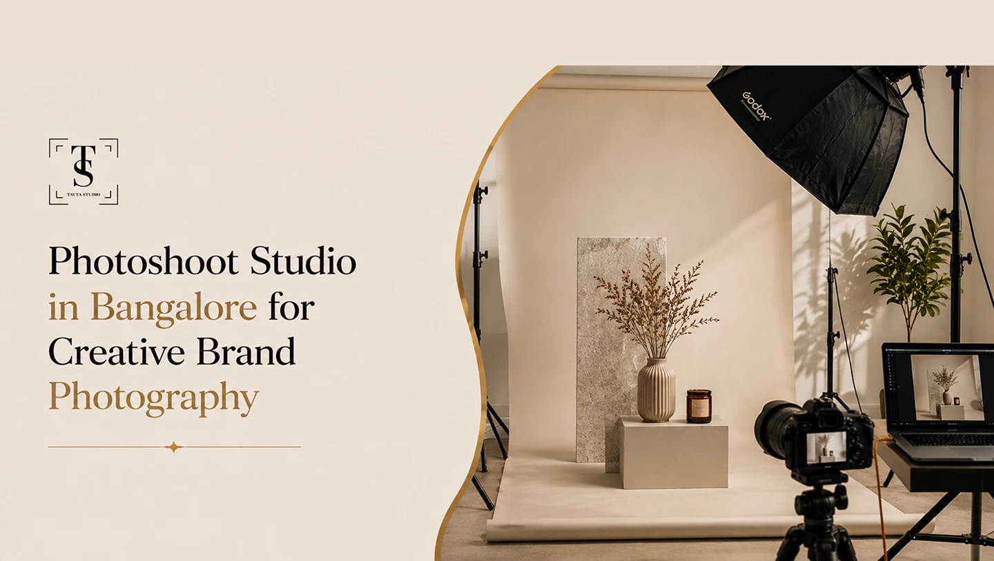 Studio photoshoot setup in Bangalore featuring creative brand product photography with camera, lighting, and styled props.