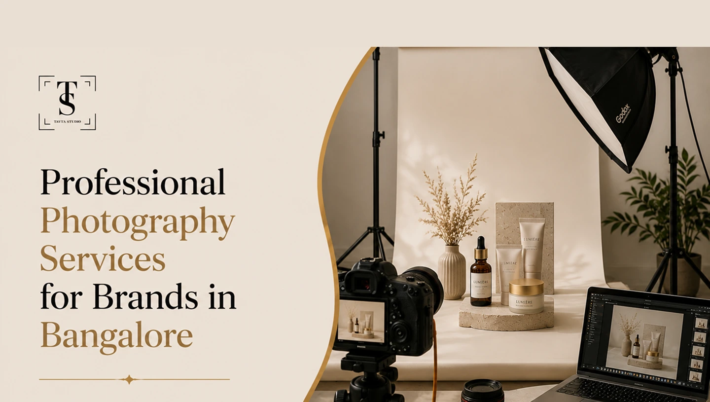 Professional photography setup with skincare products, camera, lighting, and laptop editing, promoting services for brands in Bangalore.