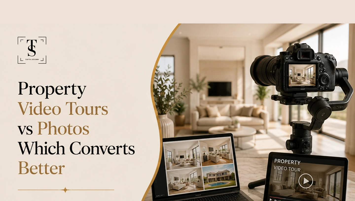 Camera filming a living room interior with a laptop showing photos and a tablet playing a property video tour for real estate marketing.