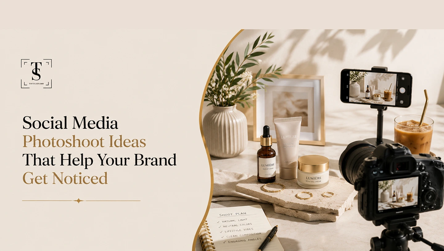 Flat lay photoshoot setup with skincare products, gold jewelry, a camera, smartphone on a tripod, iced coffee, and a shoot plan notepad.